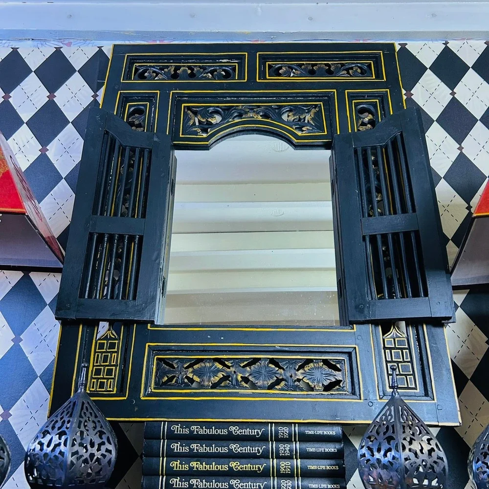 Statement 3 Foot Moroccan Black Gold Carved‎ Wood Mirror With Opening Doors